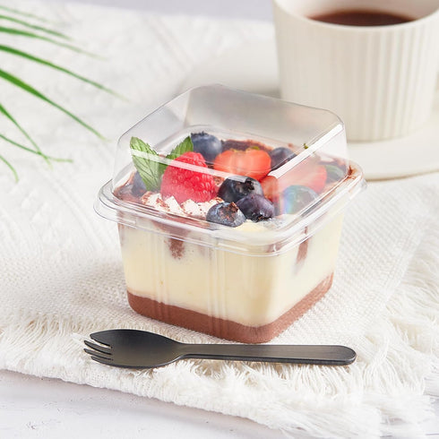 50 Pack 8 oz Kucoele Plastic Dessert Cups with Lids and Sporks, Clear Square Cake Cups Dessert Containers for Pudding