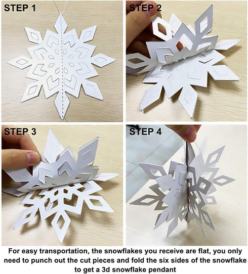 OuMuaMua Winter Christmas Hanging Snowflake Decorations, 12PCS Garland & 12PCS 3D Glittery Large White Snowflakes