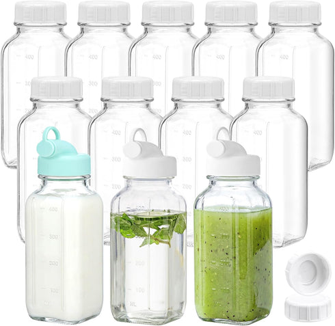 CUCUMI 12 Pack 16 Oz Glass Milk Bottles with Lids, Glass Juice