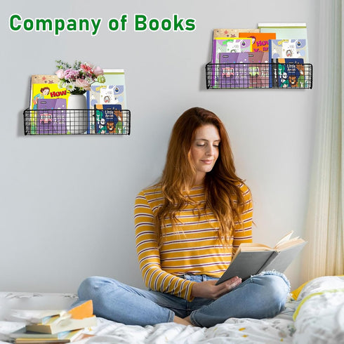 Wensdr 5-Pack 5 Black Metal Wall Mounted Kids Bookshelf, Modern Style, Shelves, Hanging Book Shelf Organizer for Kids