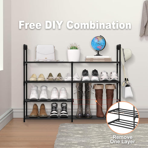 DYJIEKAI 2 4 16-20 Closet, Rows Tier Shoe Rack, Black Metal Stackable Shoe Shelf with Multifunctional Hooks, Hold