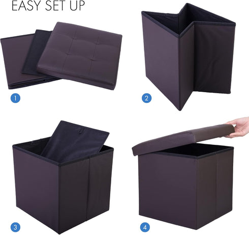 Ottoman,13x12x12 inch LotFancy Storage Ottoman Cube, Brown Foot Stool Square Ottoman with Lid, Faux Leather Seat