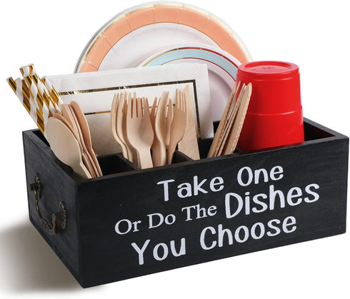 Small Paper Plate Holder Utensil Caddy Organizer for Countertop, Kitchen Silverware Cups, Forks, Spoons, Napkins, Wood