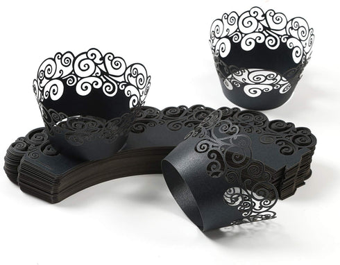 KPOSIYA Cupcake Wrappers, 100 Pack Filigree Artistic Bake Cake Paper Cup, Black, for Wedding Party Birthday