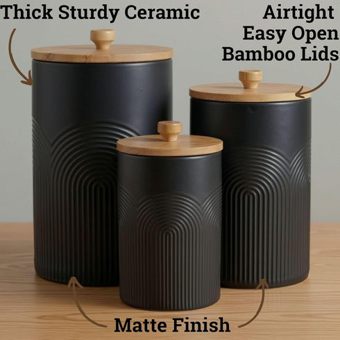Countertop Set 3 Set Ceramic Kitchen Canisters for of with Airtight Bamboo Lids - Black Kitchen Canisters with Airtight