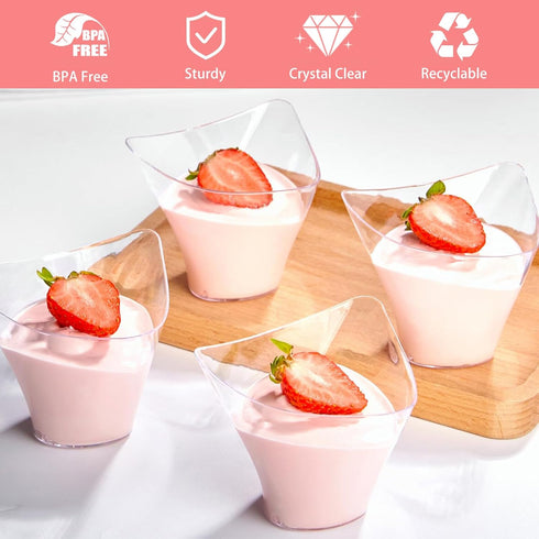 4 oz 50 Pack Qeirudu Triangular Mini Dessert Cups with Spoons, Plastic Appetizer Cups Reusable Shooter Cups for Pudding