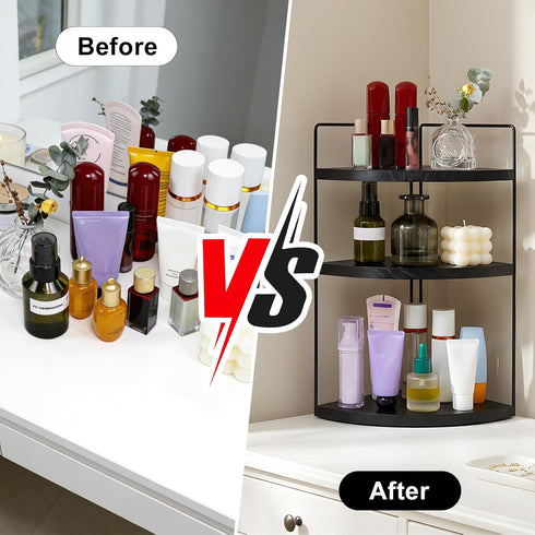 ReeyderArt Counter Countertop 3-Tier Corner Bathroom Organizer Black, Corner Shelf Wood Vanity Tray Easy Assembly Space