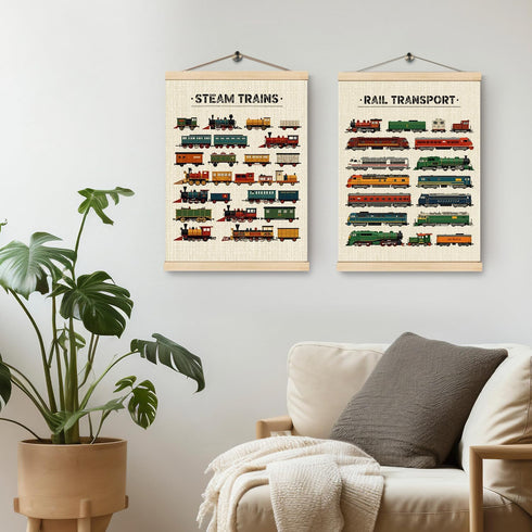 HKTZM 16x24 Inch,Vintage Nursery,Set 2 Steam Trains Wooden Poster Hanger Frame Train Locomotives Hanger Poster,Rail