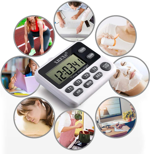 XREXS 4-Channel Digital Kitchen Timer Clock - Large LCD Display, 4 Groups Simultaneous Timing Countdown