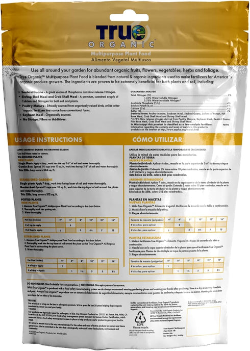 True Organic Multipurpose Plant Food All-Natural Fertilizer for Fruits, Vegetables, Flowers, and Herbs Perfect