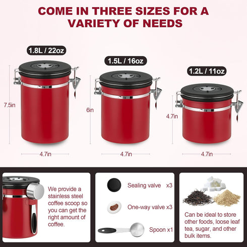 Cereal,16OZ,Red ShanSon Coffee Canister Airtight Coffee Container Stainless Steel Coffee Bean Storage Container