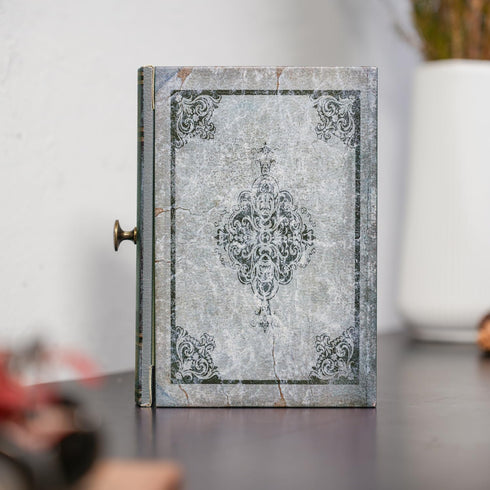 9.5 6.7 2 Vintage Book Storage Box with Drawer, Distressed Gray Faux Leather Cover with Ornate Baroque Design, Hidden