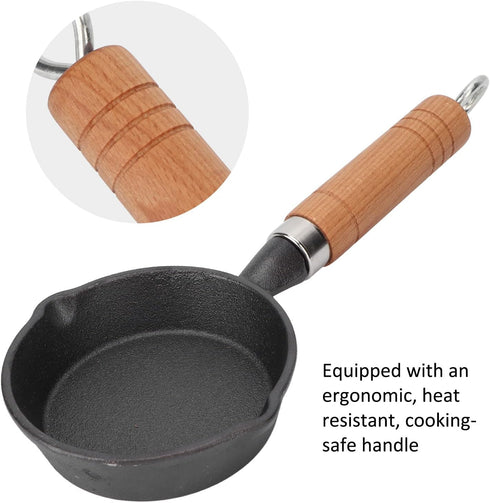 Mini Egg Frying Pan, 3.9in Single Serve Cast Iron Omelet Pan with Wooden Handle for Gas, Electric, Induction
