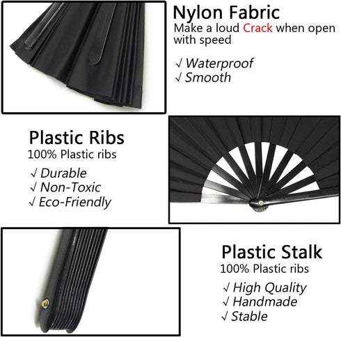 TIHOOD 2PCS Large Folding Silk Hand Fans - Black Chinese Tai Chi Fans for Men and Women Performance, Dance, Gift