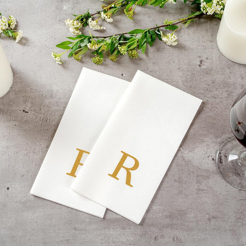 15.8 7.9 Inch 50 Luxenap X Linen-Feel Guest Towels, Lettered Hand Towels - Gold Letter 'R', Sans Serif Font, White