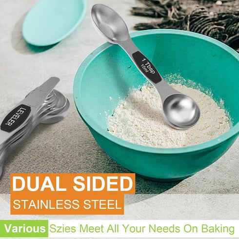 Magnetic Measuring Spoons Set - Wildone Stainless Steel Double Sided Set of 7 Black for Dry & Liquid Ingredients