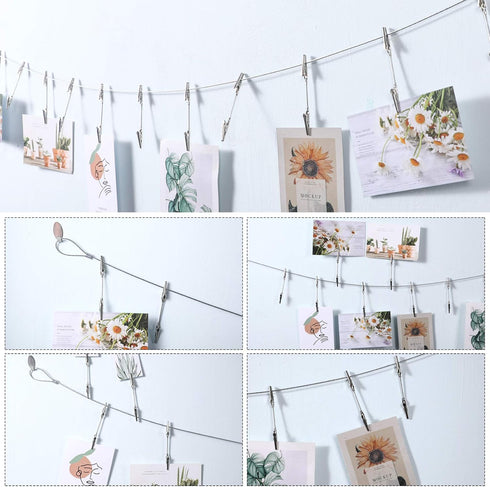 Metal Wall Hanging Photo Display, Steel Cable Wire Rod with 12PCS Alligator Clips, Picture Holders for Postcards and