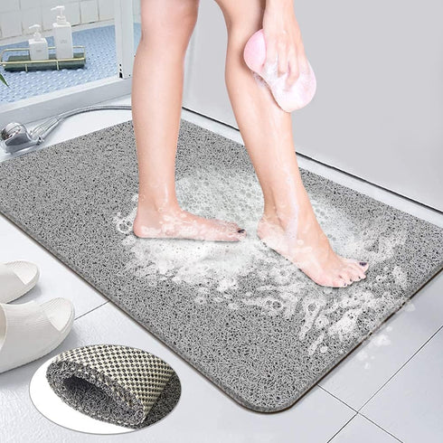Shower Mat Bathtub Mat Non Slip - 16x32 Inch, Upgraded No Suction Cup Soft Textured PVC Loofah Tub Mat with Drain for