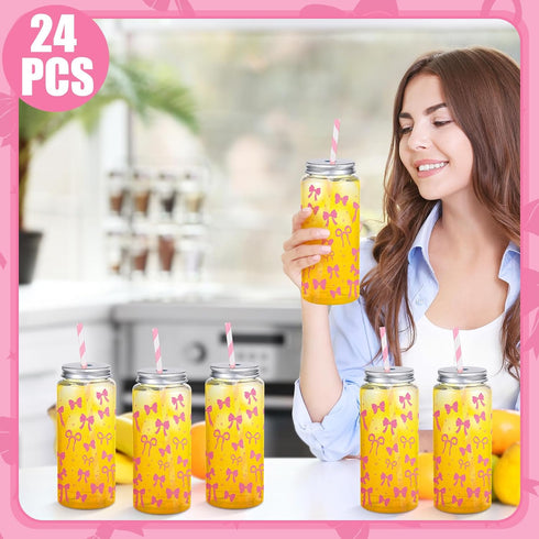 Chuangdi 24 Sets 14 oz 24 25 Pink Bow Bottles with Straws and Metal Lids Plastic Coquette Bottles Paper Straws Tumbler