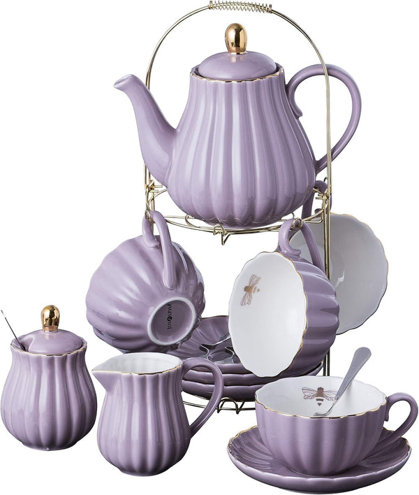 Jusalpha Fine China 8 OZ Purple Coffee Cup/Teacup, Saucer, Spoons, Teapot and