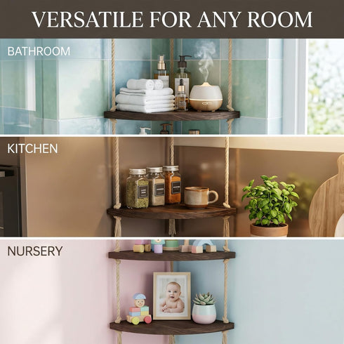 3-Tier REFGY Corner Floating Shelves with Aesthetic Greenery & Fairy Lights - Premium Wood-Textured Boho Wall Hanging