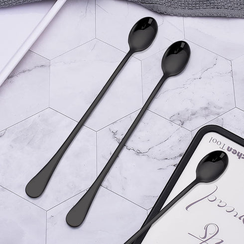9 Inch Long Handle Iced Tea Spoon, DaKuan Set of 6 Stainless Steel Iced Teaspoon for Iced Tea, Coffee, Cocktail, Milkshake, Cold Drink (Black)