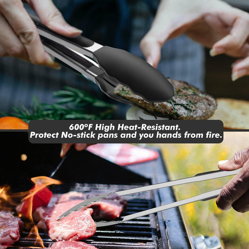 Set of 2 Cooking Tongs, 600ºF High Heat-Resistant Kitchen Utensils for Grill, Salad, BBQ, Frying, Serving