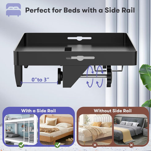 Bedside Shelf, Bunk Bed Table Shelf for Top Bunk, Black Clip On Nightstand with Removable Cup Holder&Power Strip