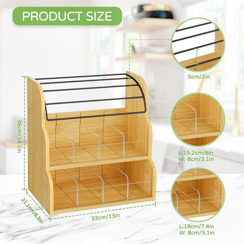 Counter 3 Packet LASZOLA Bamboo Tea Bag and Coffee Holder Organizer for Cabinet Office, Tier Large Capacity Vertical K