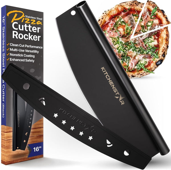 KitchenStar 16-Inch Pizza Cutter Rocker Blade - Sharp Stainless Steel Slicer Knife, Large Black Nonstick