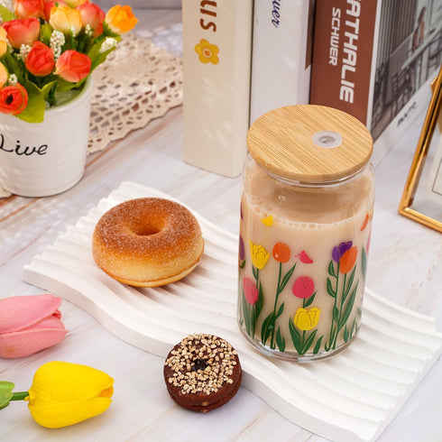 Whaline 2 Pack Spring Iced Coffee Cup, Colorful Tulip Flower Glasses with Lid, Straw, Cleaning Brush for Home Gifts