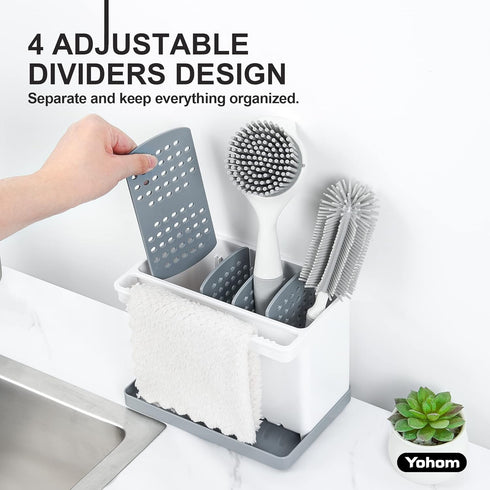 Countertop YOHOM Sink Brush Holder for Kitchen Sink Sponge Caddy Organizer Plastic Dish Scrubber Holder with Dividers
