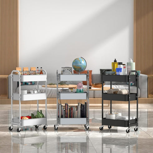 3-Tier Rolling Utility Cart - Black with Caster Wheels