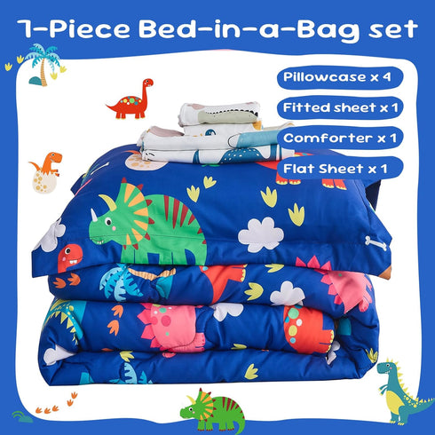 7 Set 3D Set Set, Wajade Piece Kid Boys Dinosaur Comforter Twin Size Blue Dinosaur Wild Park Jungle Print Bedding