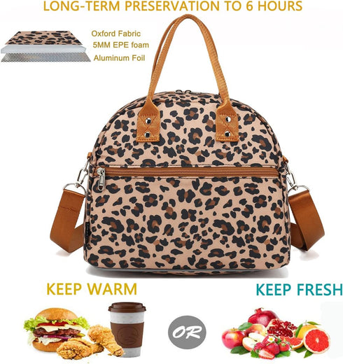 FlowFly Insulated Lunch Bag with Shoulder Strap, Large Reusable Tote for Work, School, Travel, Meal Prep, Leopard