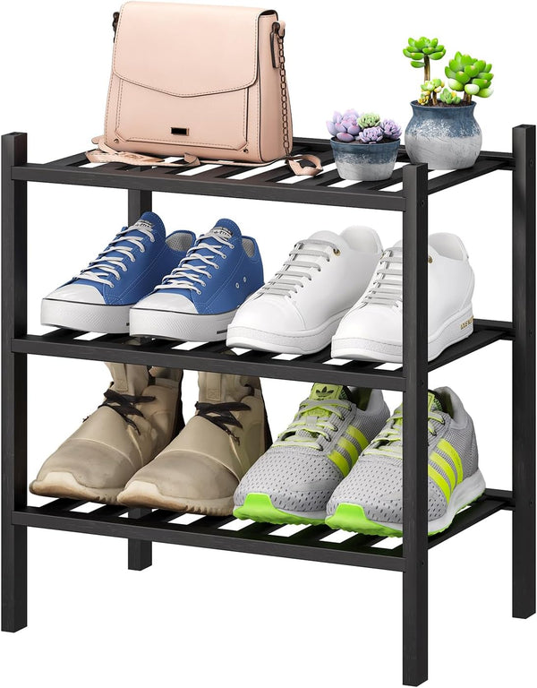 viewcare Small Shoe Rack for Entryway,3-Tier Black Bamboo Shoe Organizer for Hallway