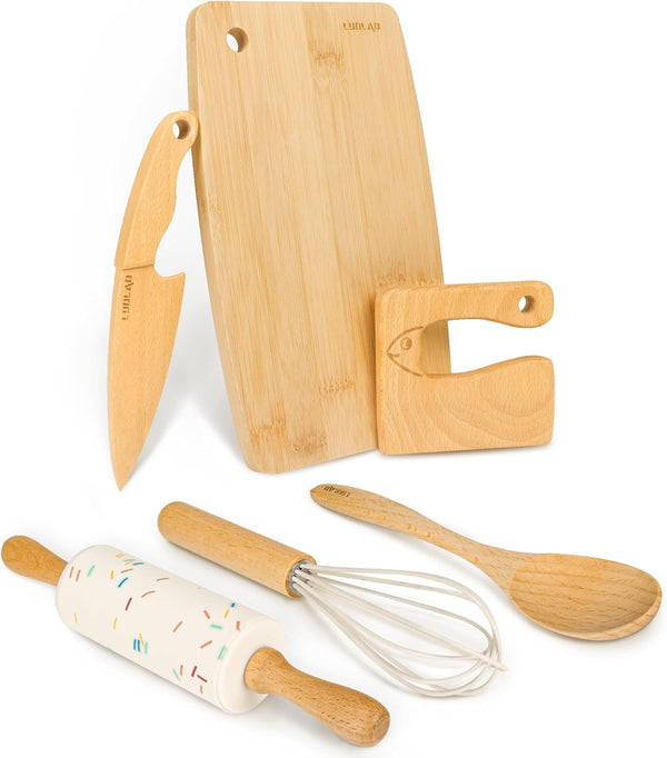 LUOLAO Wooden Kids Safe Knife and Kids Baking Set for Real Cooking,