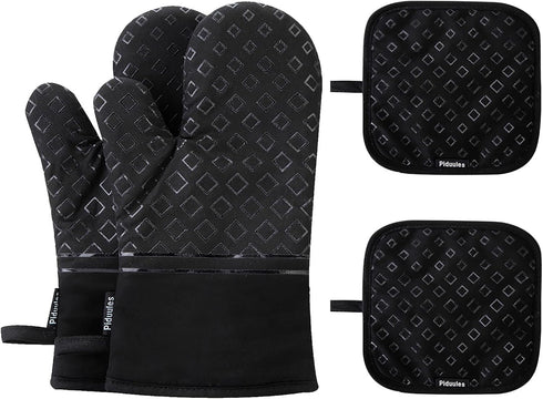 Set of 4 Black Oven Mitts and Pot Holders, 482 F Heat Resistant Non-Slip Gloves for BBQ, Grill, Baking, Cooking, Oven,