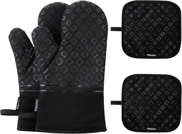 Set of 4 Black Oven Mitts and Pot Holders, 482 F Heat Resistant Non-Slip Gloves for BBQ, Grill, Baking, Cooking, Oven,