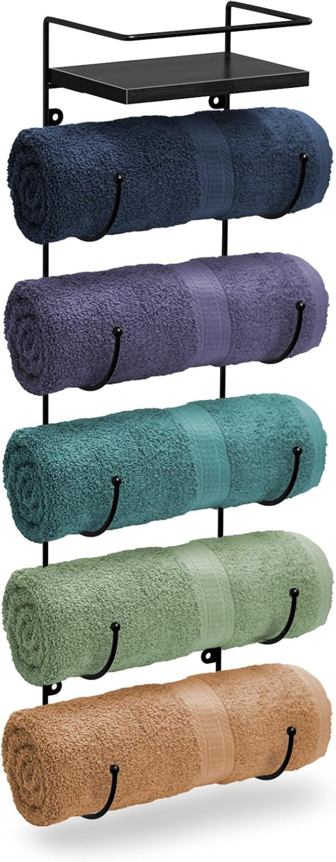 5 Sorbus Bathroom Towel Holder - Tier Metal Towel Rack with Wood Shelf for Rolled Bath Towels, Washcloths, Linens, Hand