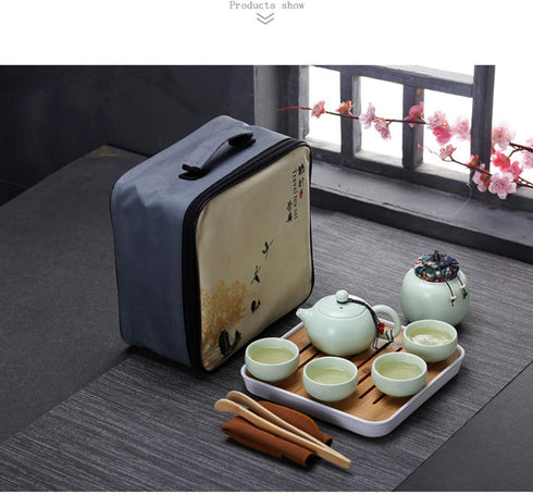 Hoobar Set Set Ceramic Kungfu Tea Travel Tea with Portable Teapot/Teacups/Tea Canister/Tea Tray and Travel Bag,Suitable