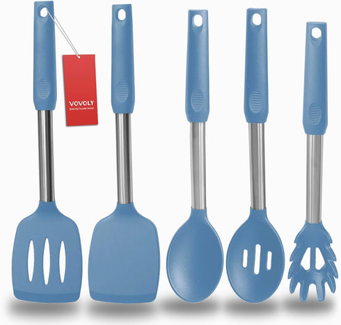 Silicone Spatula and Cooking Spoon Set - 5 Pack with Solid & Slotted Spoons, Heat Resistant, Starry Blue