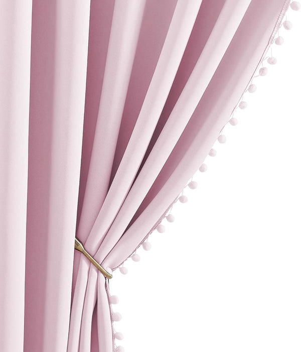NICETOWN Pom Pom Blackout Curtains for Girls Bedroom Boho Pink Window Curtains