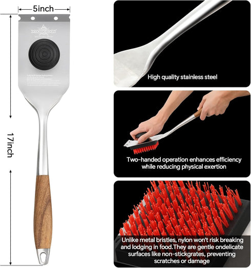 XUDAKAIXIN Nylon Grill Brush, Dual Grip Design, with Extended Luxurious Acacia Wood Handle, Safe Nylon Bristles