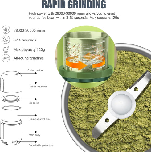 COOL KNIGHT Electric Herb Grinder, Large Capacity Spice Coffee Grinder with Pollen Catcher - 7.5" (Green)
