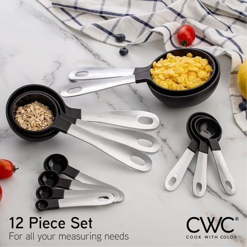 COOK WITH COLOR 12 PC Measuring Cups and Spoon Set, Stainless Steel Handles, Nesting Kitchen Liquid Measuring Set, Black