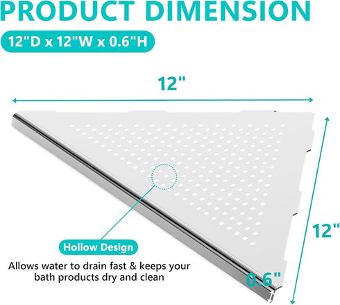 12" SUS304 Qeke Bathroom Corner Shelf, Recessed Shower Shelf Caddy, Stainless Steel Shelf Wall Mount Triangular, No