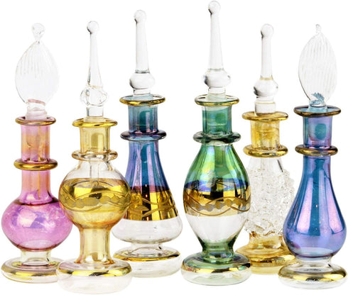 NileCart 6 Pack Egyptian Perfume Bottles - 2” Hand Blown with Handmade Golden Decoration for Oils & Essential Oils