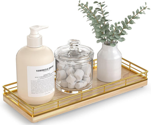 Bathroom Tray for Counter Top Organizer Oak Wood Vanity Tray with Metal