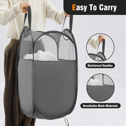 TECHMILLY 2 Pack Mesh Laundry Hamper, Pop Up Foldable Laundry Basket with Reinforced Handles, Grey